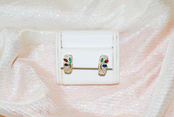 Ruby, Emerald and Sapphire Earrings in Yellow and White Gold