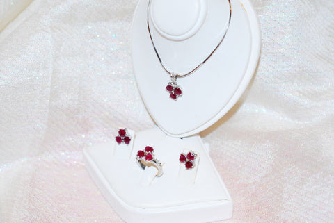 Ruby Ring, Pendant and Earring Set in White Gold